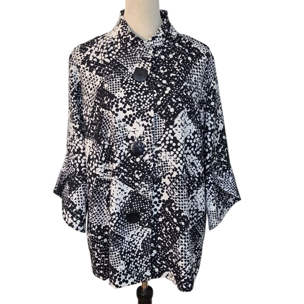 Ali Miles Black White Abstract Print Jacket Peplum Sleeve Artsy Button XL NWT